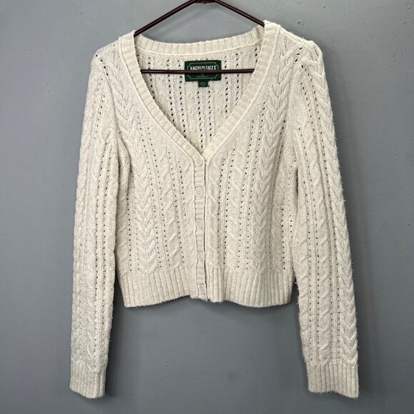 American Eagle Fisherman Cable Knit Sweater M Cropped Cardigan Beige Chunky - Picture 1 of 7